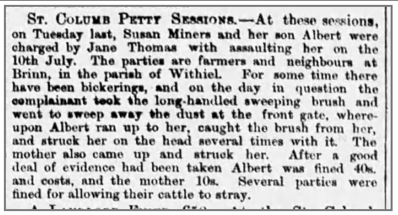 Newspaper report, St Columb Petty Sessions, Susan Miners and son Albert charged with assault, Cornwall
